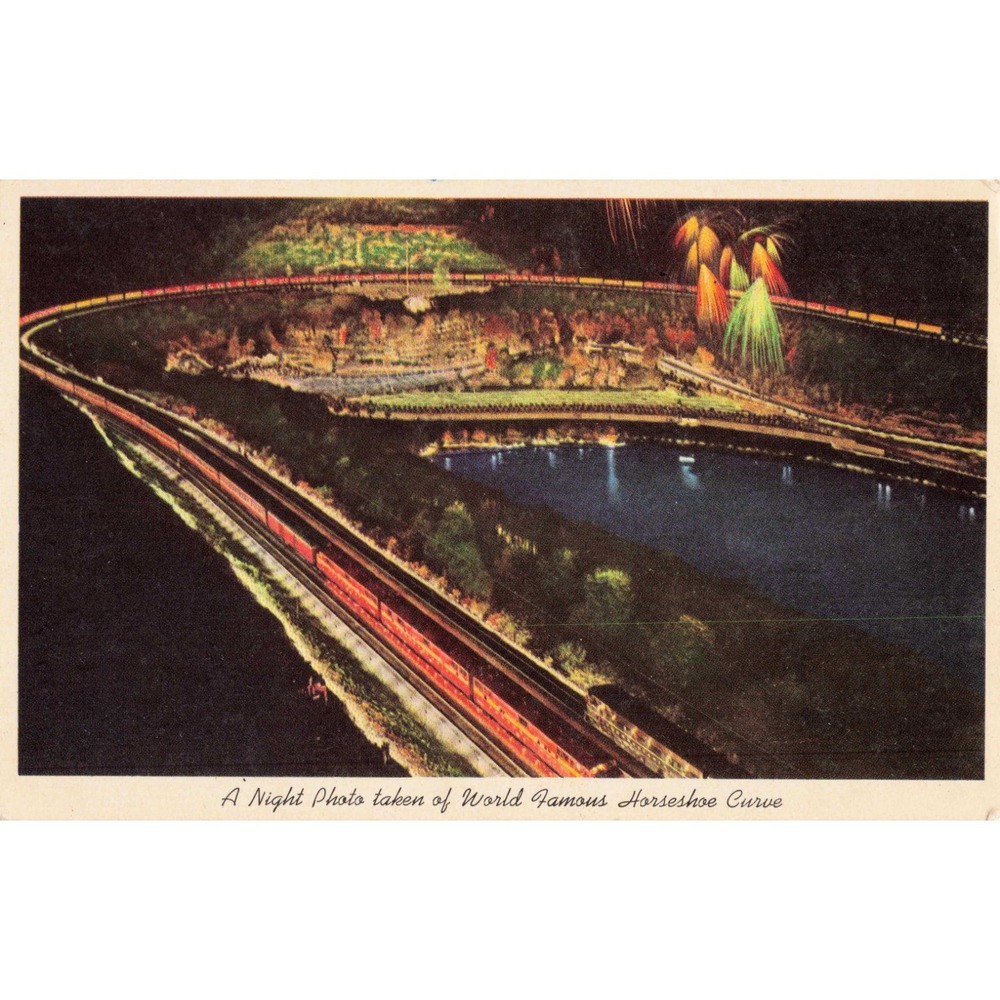 Vintage 1954 Horseshoe Curve Night Photo Postcard Altoona PA Pennsylvania RR